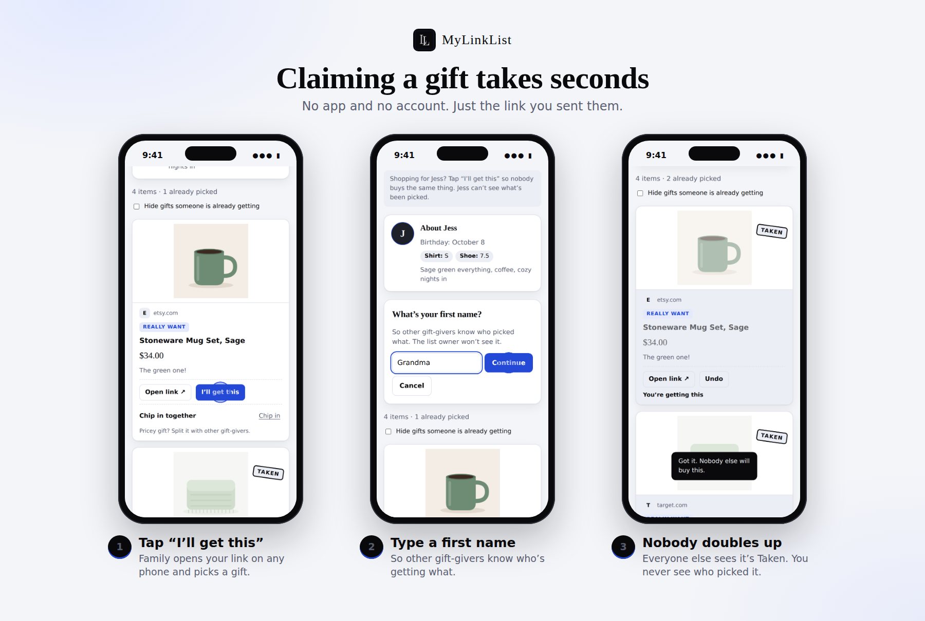 Three phone screens: a family member taps I’ll get this, types their first name, and the gift is marked Taken for everyone else.